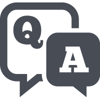 A black and white icon of Q and A inside speech bubbles.