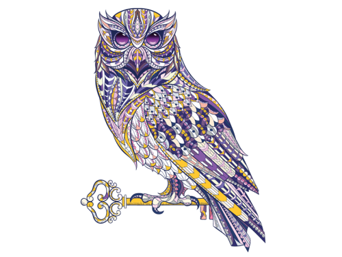 An purple- and pink-patterned intricate owl poised on a large gold key.