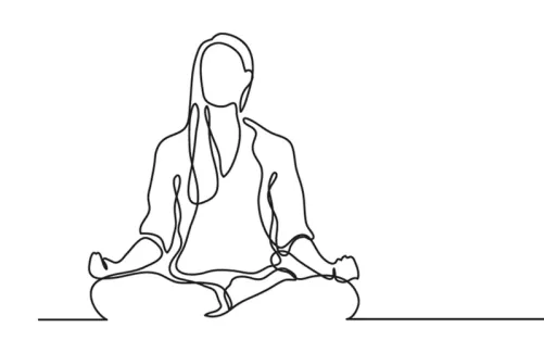 A continuous line drawing in black ink of a woman in a seated position, meditating.