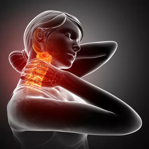 A red and orange glow on a human figure's neck, highlighting sciatic neck pain.