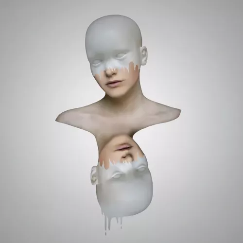 A bust of a bald human figure, their face halfway covered with white paint, and this bust is mirrored horizontally below.