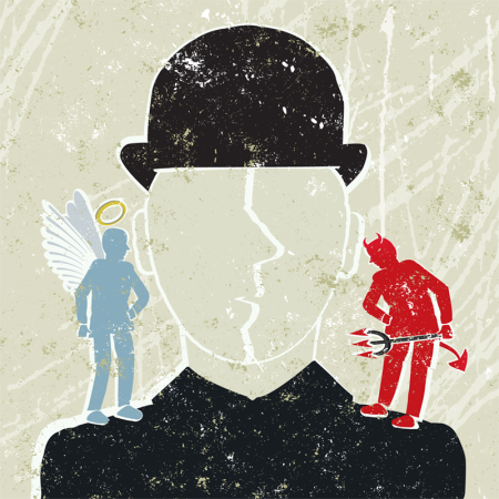 Left and right image of an angel in blue vs. a devil figure in red.