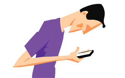 A cartoon man with his head down buried in his phone.