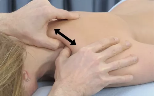 A therapist demonstrating deep stripping to the supraspinatus.