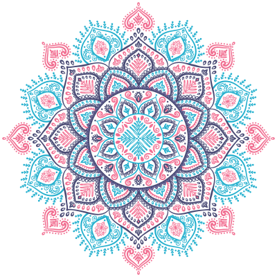 An intricate spiral pattern drawing in blue, pinks, and purple.