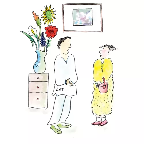 A very loose doodle sketch of two people standing by flowers and a window.