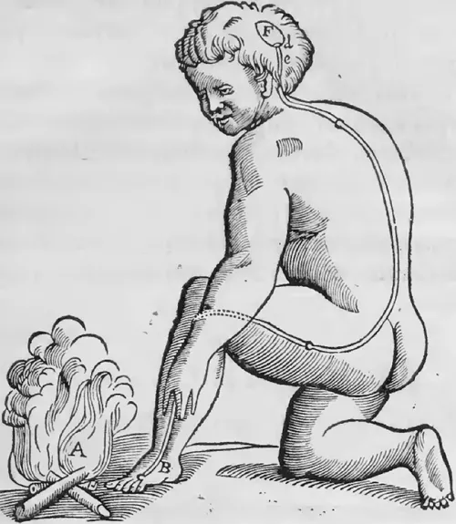 A 17th century-era sketch of a young figure kneeling near a fire, with several anatomical areas numbered.