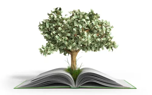 A tree growing out of the pages of a book, and all the leaves are dollar bills.