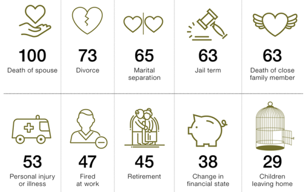the social readjustment rating scale assigns stress number values to various types of grief, including death of a spouse, death of a family member, jail, divorce, fired, injury, retirement, and more.