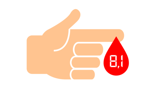 a cartoon hand with a blood symbol and blood sugar reading of 8.1.