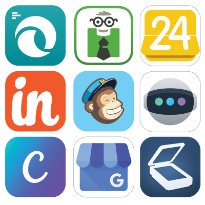 Nine different tiles with thumbnails of various apps.