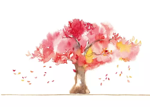 A watercolor tree with pink and red falling leaves.