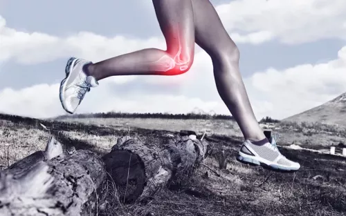 A runner jumping over a log on a trail, their knee highlighted in red to show pain or inflammation.