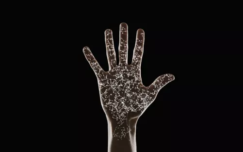 A 3D connected web of lines and dots form an outline of a human hand with fingers splayed.
