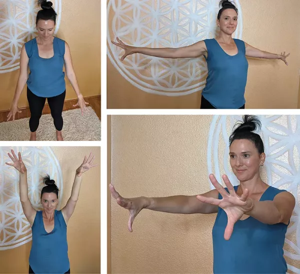 Nicole Reed in 4 body positions down, forward, and to the sides while flicking and stretching her fingers.