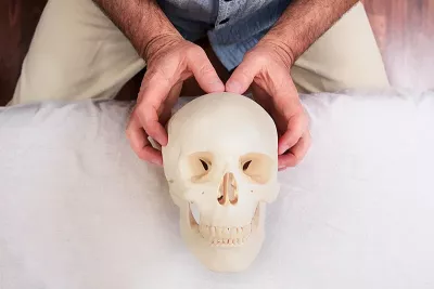 an MT demonstrating the technique on a skull's parietal bones.