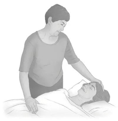 black and white sketch of MT placing a hand on the top of a client's head.