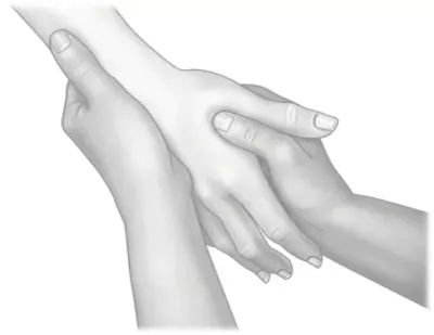sketch of two hands showing location of large intestine 4 acupressure point on the web between finger and thumb.
