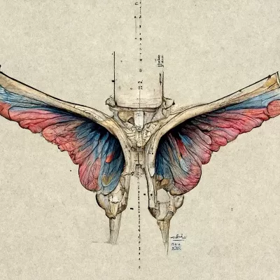 An artificial-intelligence generated image of wings emerging from a joint, symbolizing flight and freedom.