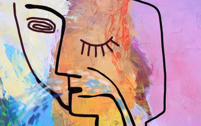 A modernist painting of a face, with one eye open and one eye closed.