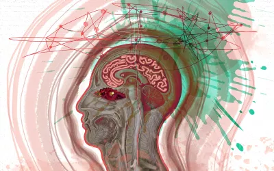 Illustration highlighting the brain with disjointed lines and paint splatter surrounding the head.