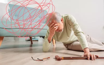 A man laying on the ground holds his head with one hand and a cane with the other. 