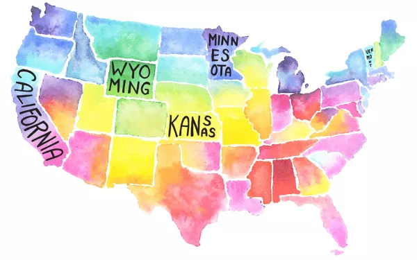 A multicolored map of the United States specifically identifying California, Minnesota, Kansas, Vermont, and Wyoming. 