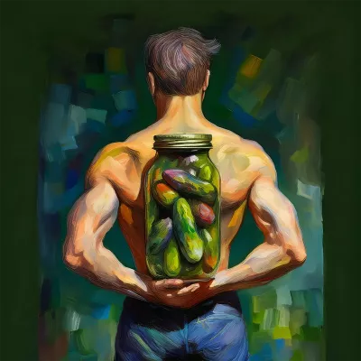 An AI-generated image shows a man holding a jar of pickles between his lats.
