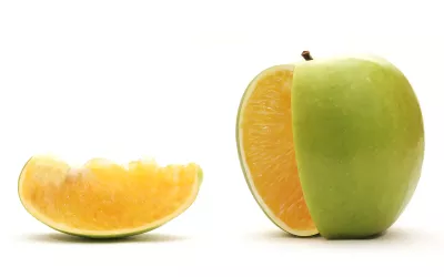A piece of fruit that is green apple on the outside, but orange on the inside.